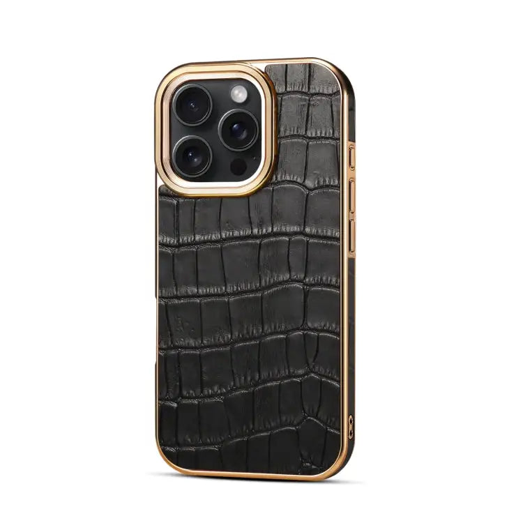 Denior Crocodile Texture Genuine Leather Electroplating Phone Case For iPhone 16 Pro Max For iPhone 16 Pro For iPhone