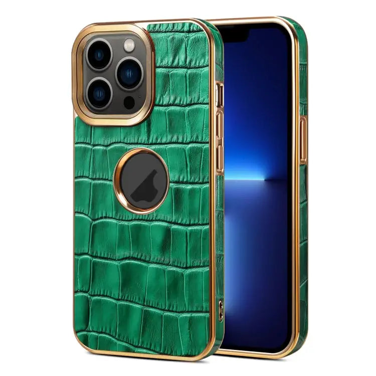 Denior Crocodile Texture Genuine Leather Electroplating Phone Case For iPhone 13 Pro Max For iPhone 13 Pro For iPhone