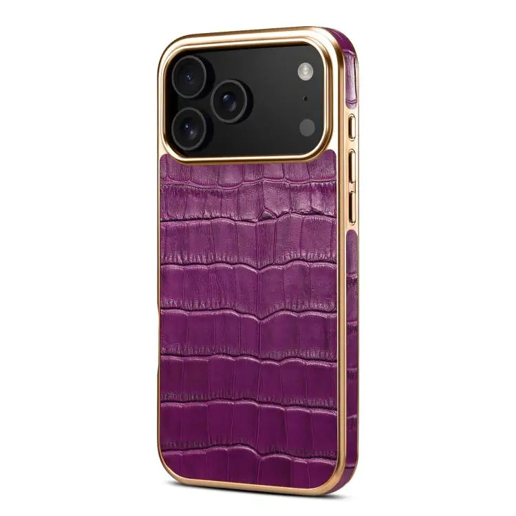 Denior Crocodile Texture Genuine Leather Electroplating Phone Case For iPhone 16 Pro Max For iPhone 16 Pro For iPhone