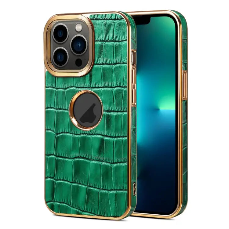 Denior Crocodile Texture Genuine Leather Electroplating Phone Case For iPhone 13 Pro Max For iPhone 13 Pro For iPhone