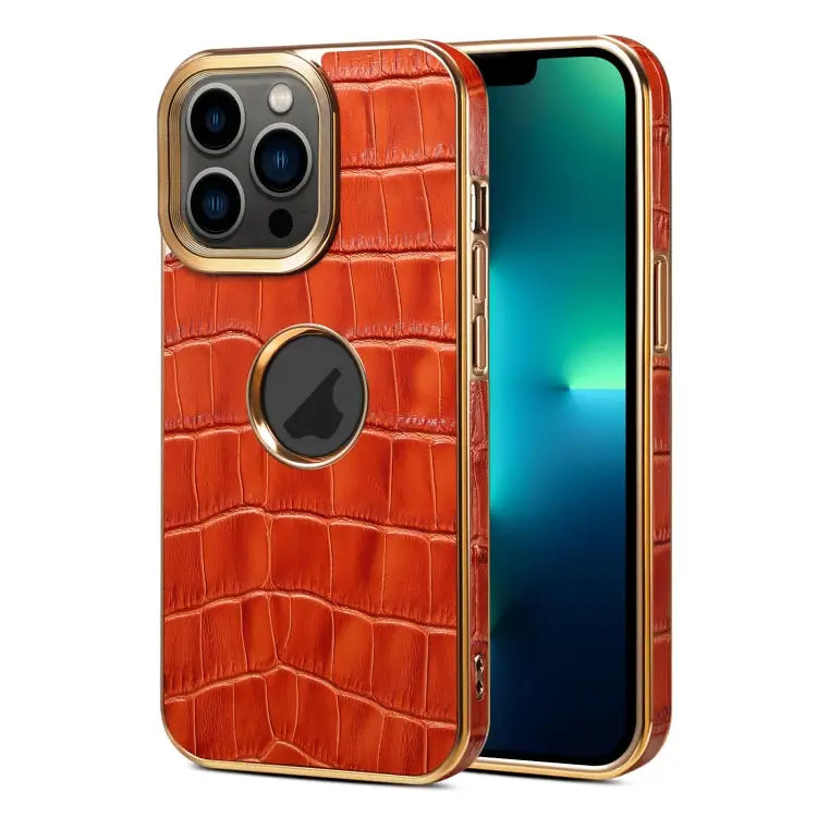Denior Crocodile Texture Genuine Leather Electroplating Phone Case For iPhone 13 Pro Max For iPhone 13 Pro For iPhone