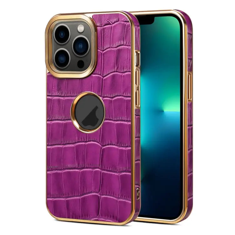 Denior Crocodile Texture Genuine Leather Electroplating Phone Case For iPhone 13 Pro Max For iPhone 13 Pro For iPhone
