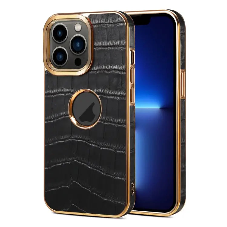 Denior Crocodile Texture Genuine Leather Electroplating Phone Case For iPhone 13 Pro Max For iPhone 13 Pro For iPhone