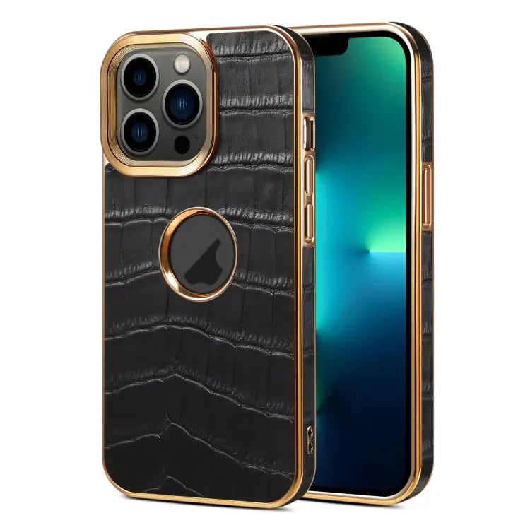 Denior Crocodile Texture Genuine Leather Electroplating Phone Case For iPhone 13 Pro Max For iPhone 13 Pro For iPhone