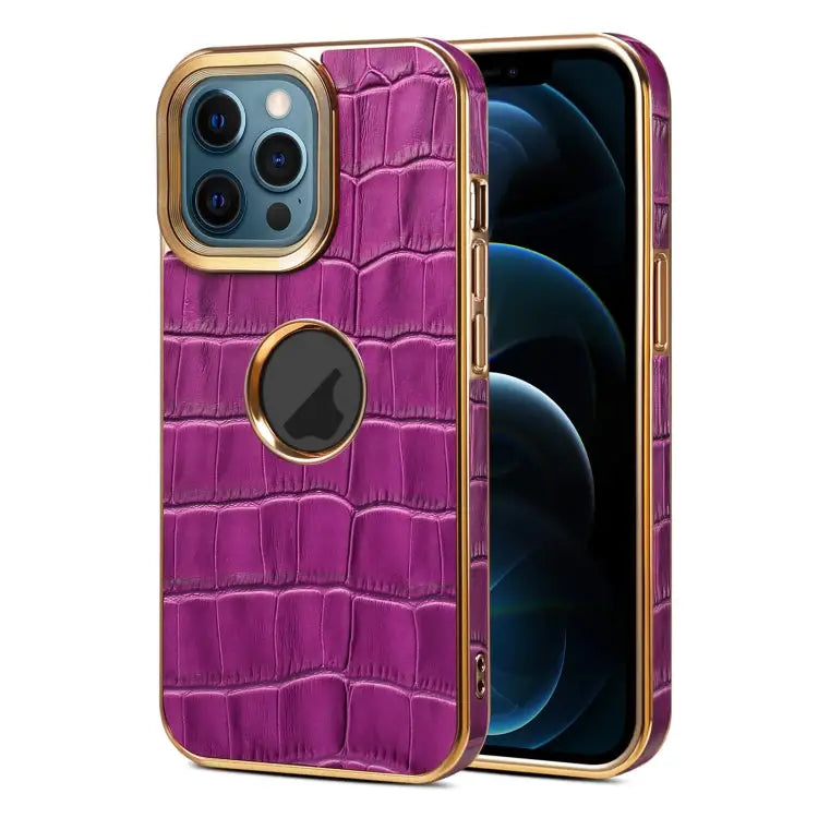 Denior Crocodile Texture Genuine Leather Electroplating Phone Case For iPhone 12 Pro Max - For iPhone 12 Pro Max