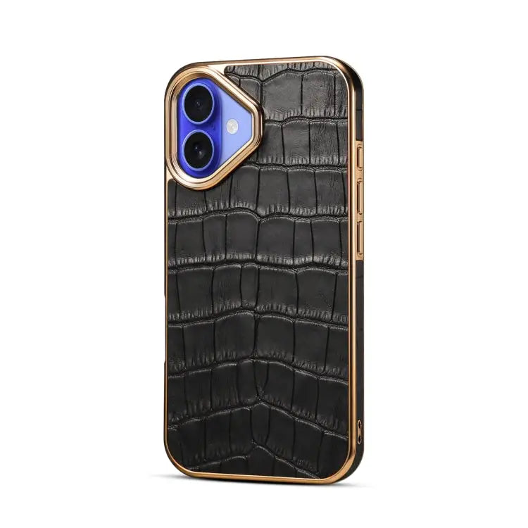 Denior Crocodile Texture Genuine Leather Electroplating Phone Case For iPhone 16 Pro Max For iPhone 16 Pro For iPhone