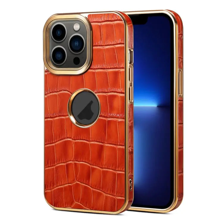 Denior Crocodile Texture Genuine Leather Electroplating Phone Case For iPhone 13 Pro Max For iPhone 13 Pro For iPhone