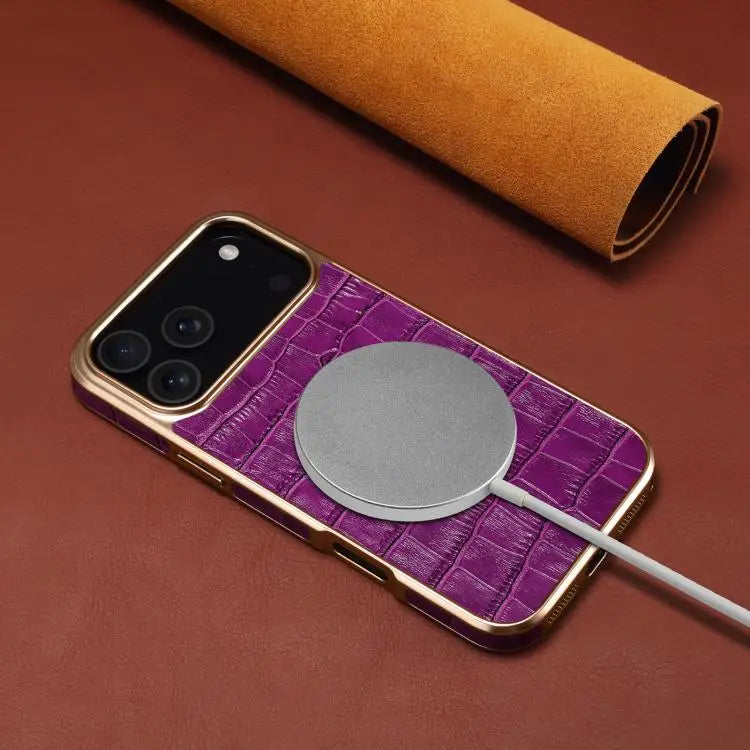 Denior Crocodile Texture Genuine Leather Electroplating Phone Case For iPhone 16 Pro Max For iPhone 16 Pro For iPhone