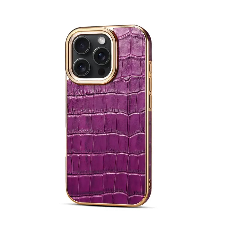 Denior Crocodile Texture Genuine Leather Electroplating Phone Case For iPhone 16 Pro Max For iPhone 16 Pro For iPhone