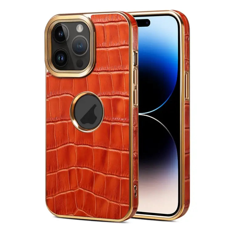 Denior Crocodile Texture Genuine Leather Electroplating Phone Case For iPhone 15 Plus For iPhone 15 For iPhone 14 Plus