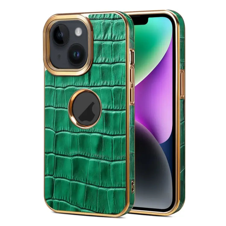 Denior Crocodile Texture Genuine Leather Electroplating Phone Case For iPhone 15 Plus For iPhone 15 For iPhone 14 Plus