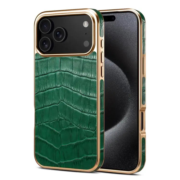Denior Crocodile Texture Genuine Leather Electroplating Phone Case For iPhone 16 Pro Max For iPhone 16 Pro For iPhone