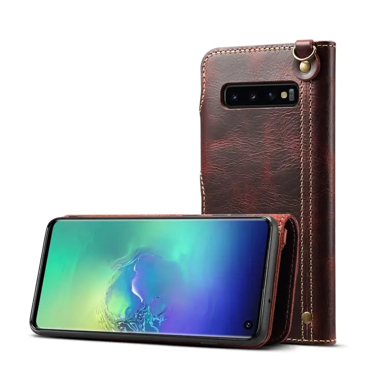 Denior Oil Wax Cowhide Magnetic Button Horizontal Flip Leather Case with Card Slots & Wallet For Galaxy Note9