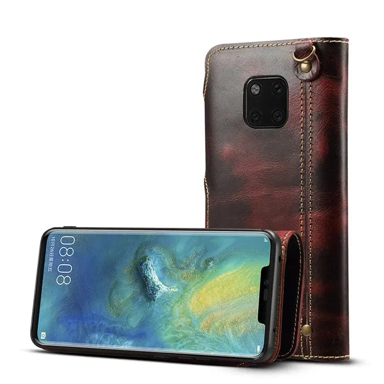 Denior Oil Wax Cowhide Magnetic Button Horizontal Flip Leather Case with Card Slots & Wallet For Galaxy Note9