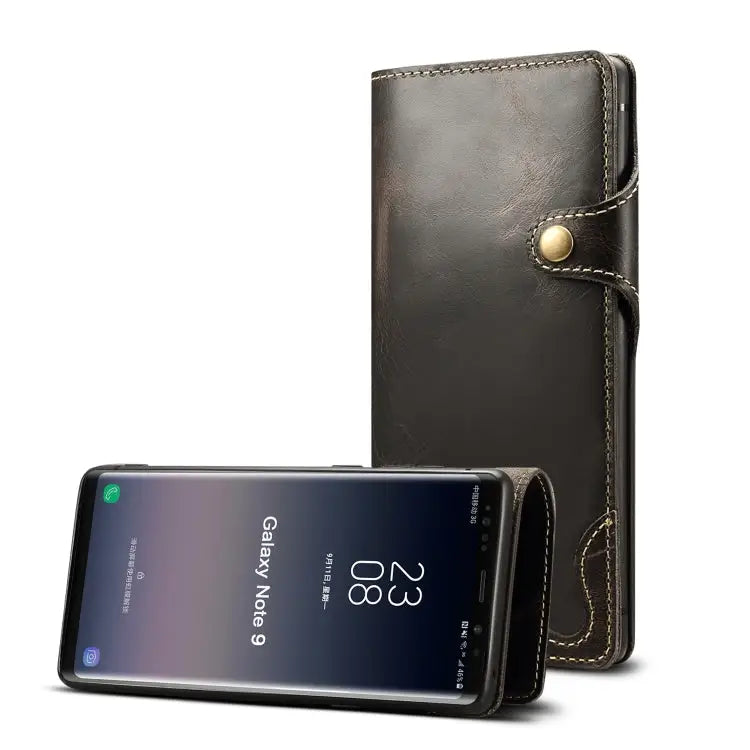 Denior Oil Wax Cowhide Magnetic Button Horizontal Flip Leather Case with Card Slots & Wallet For Galaxy Note9