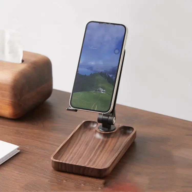 Desktop Mobile Phone Stand Lifting Folding Tablet Holder with Tray Base Walnut Beech Wood - Walnut - Apple Accessories