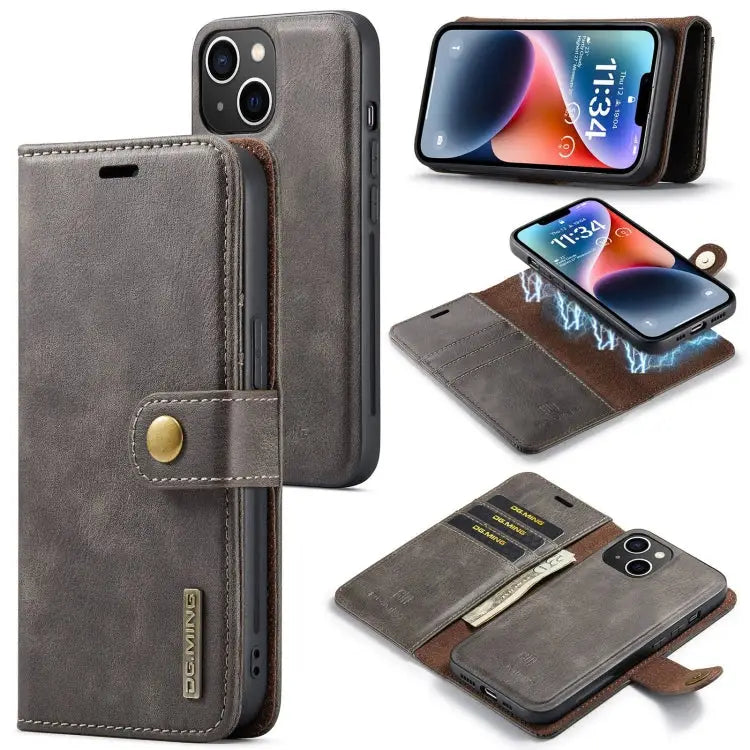 DG.MING Crazy Horse Texture Detachable Magnetic Leather Phone Case For iPhone 15 - For iPhone 15 / Grey - Apple