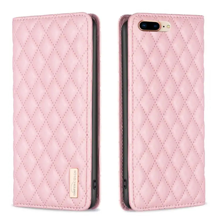 Diamond Lattice Magnetic Leather Flip Phone Case For iPhone 8 Plus / 7 Plus - For iPhone 8 Plus / 7 Plus / Pink - Apple