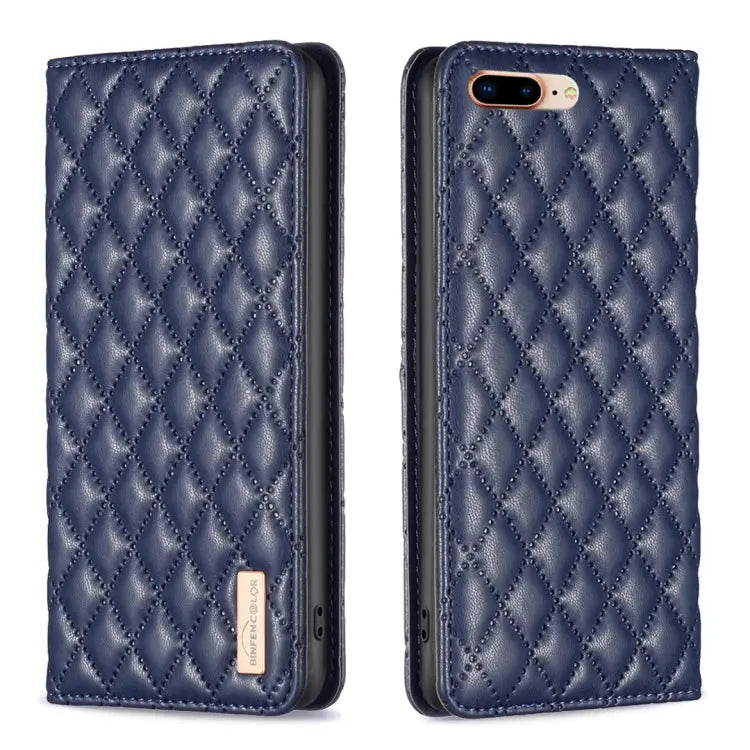 Diamond Lattice Magnetic Leather Flip Phone Case For iPhone 8 Plus / 7 Plus - For iPhone 8 Plus / 7 Plus / Blue - Apple