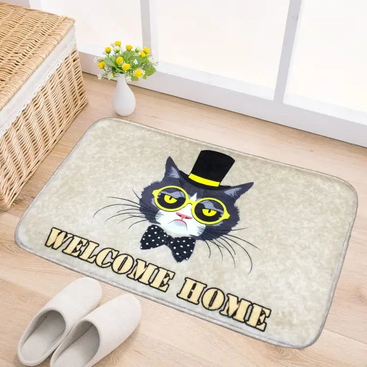 Door Mat Cat and Dog Pattern Flannel Rectangular Bathroom Carpet Living Room Bedroom Anti - skid Household Foot