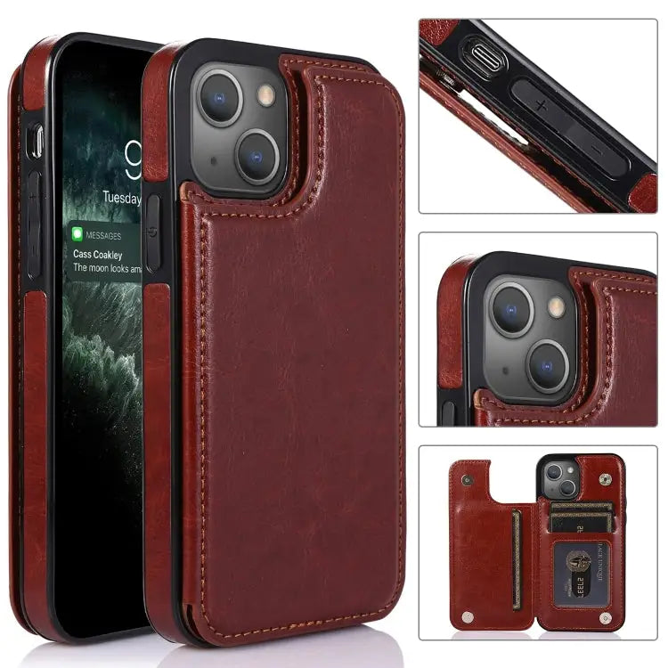 Double Buckle Phone Case For iPhone 14 Plus - For iPhone 14 Plus / Brown - Apple Accessories