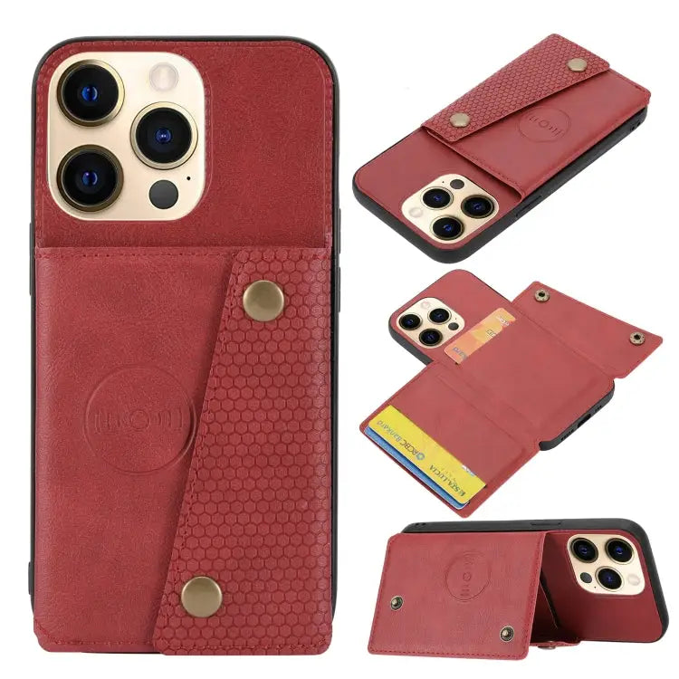 Double Buckle PU + TPU Shockproof Magnetic Protective Case with Card Slot & Holder For iPhone 13 mini For iPhone 13