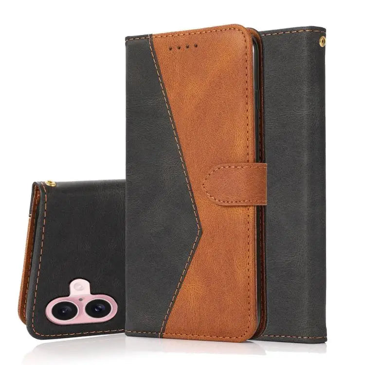 Dual-color Stitching Leather Phone Case - For iPhone 17 / Black Brown