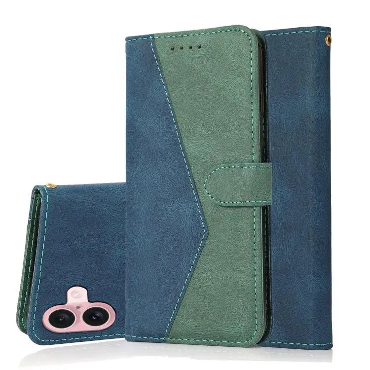 Dual-color Stitching Leather Phone Case - For iPhone 17 / Blue Green