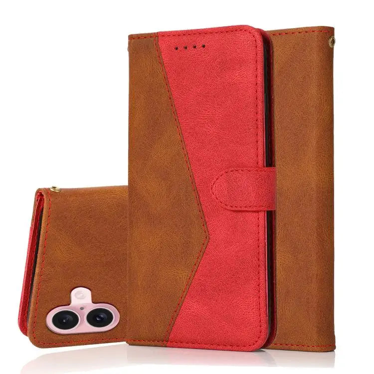 Dual-color Stitching Leather Phone Case - For iPhone 17 / Brown Red