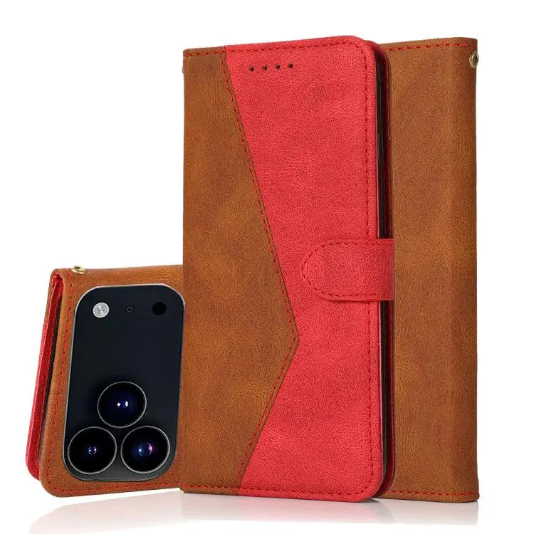 Dual-color Stitching Leather Phone Case - For iPhone 17 Pro / Brown Red