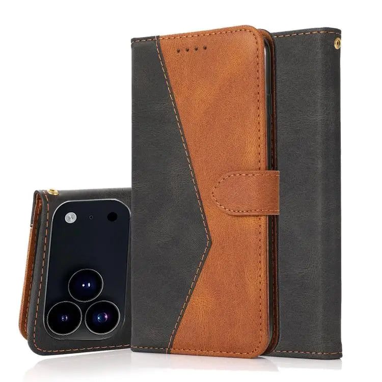 Dual-color Stitching Leather Phone Case - For iPhone 17 Pro Max / Black Brown