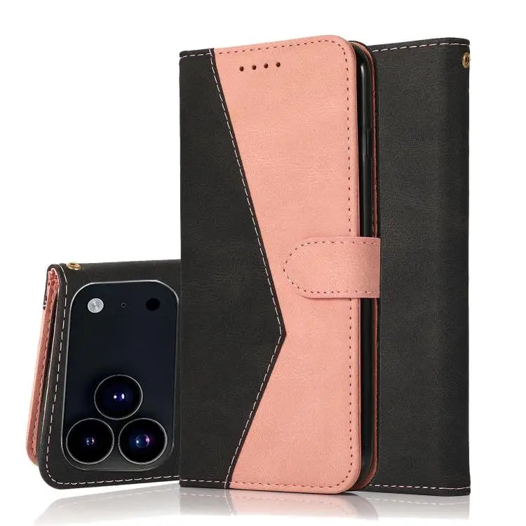 Dual-color Stitching Leather Phone Case - For iPhone 17 Pro Max / Black Rose Gold