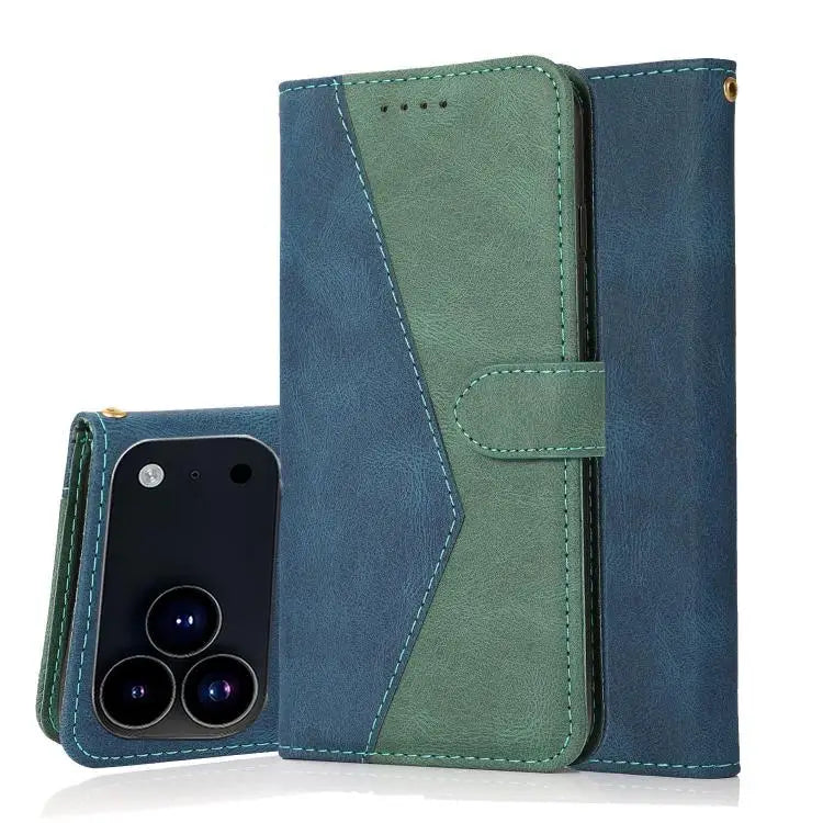 Dual-color Stitching Leather Phone Case - For iPhone 17 Pro Max / Blue Green
