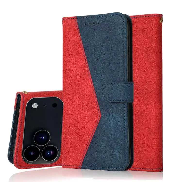 Dual-color Stitching Leather Phone Case - For iPhone 17 Pro / Red Blue