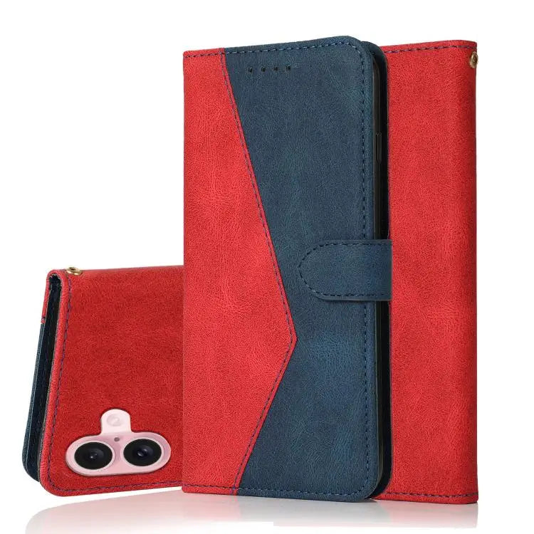 Dual-color Stitching Leather Phone Case - For iPhone 17 / Red Blue