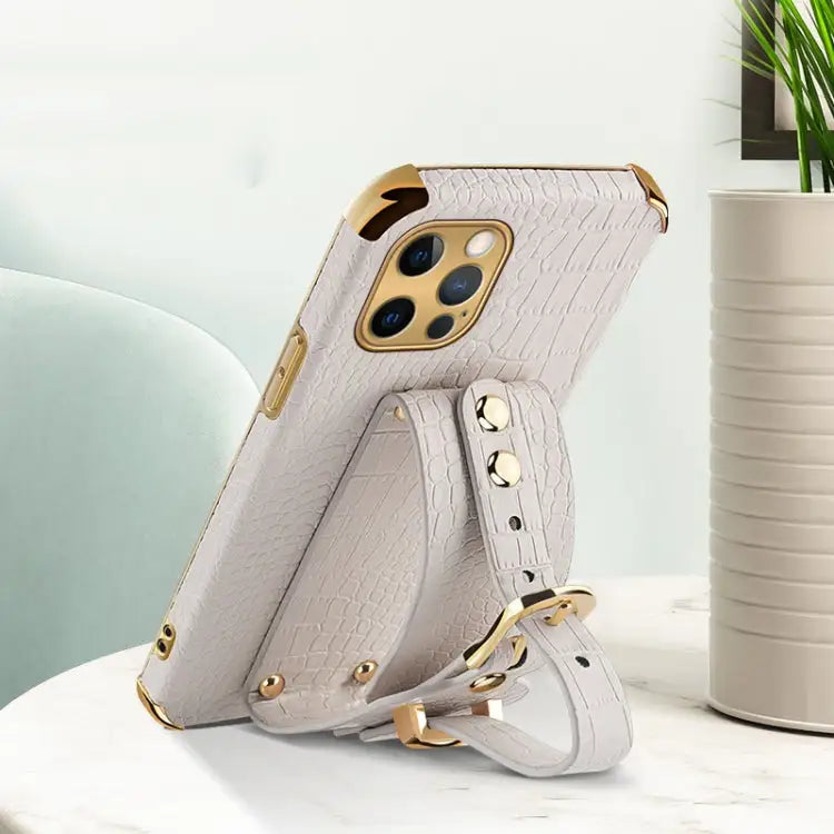 Electroplated TPU Crocodile Pattern Leather Case with Wrist Strap For iPhone 12 Pro Max - Apple Accessories