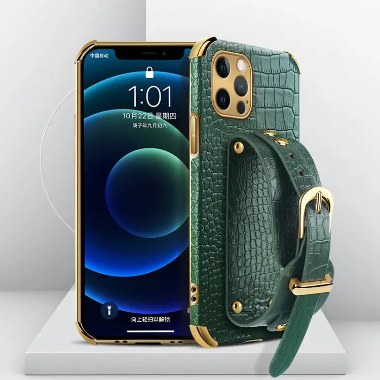 Electroplated TPU Crocodile Pattern Leather Case with Wrist Strap For iPhone 12 Pro Max - For iPhone 12 Pro Max / Green