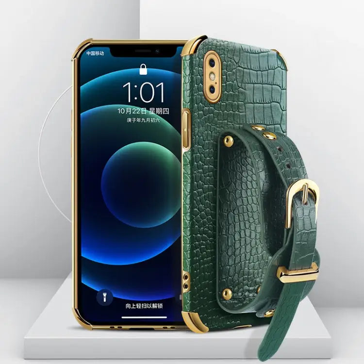 Electroplated TPU Crocodile Pattern Leather Case with Wrist Strap For iPhone XR For iPhone XS Max For iPhone 11