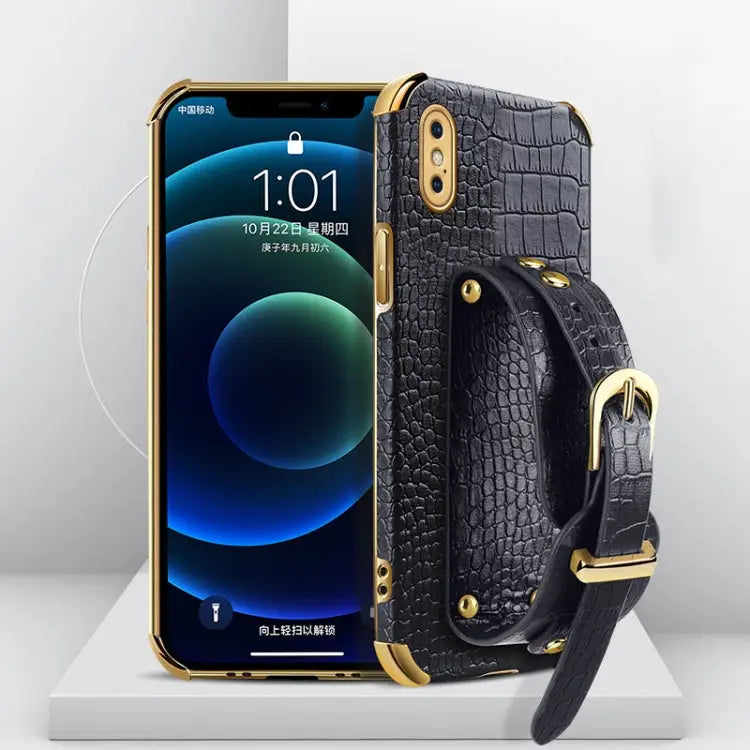 Electroplated TPU Crocodile Pattern Leather Case with Wrist Strap For iPhone XR For iPhone XS Max For iPhone 11