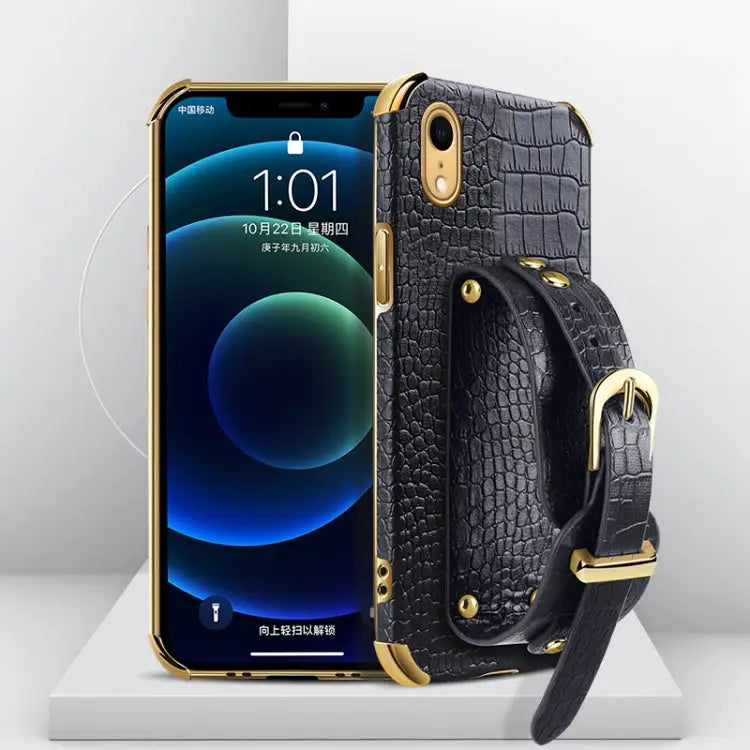 Electroplated TPU Crocodile Pattern Leather Case with Wrist Strap For iPhone XR For iPhone XS Max For iPhone 11