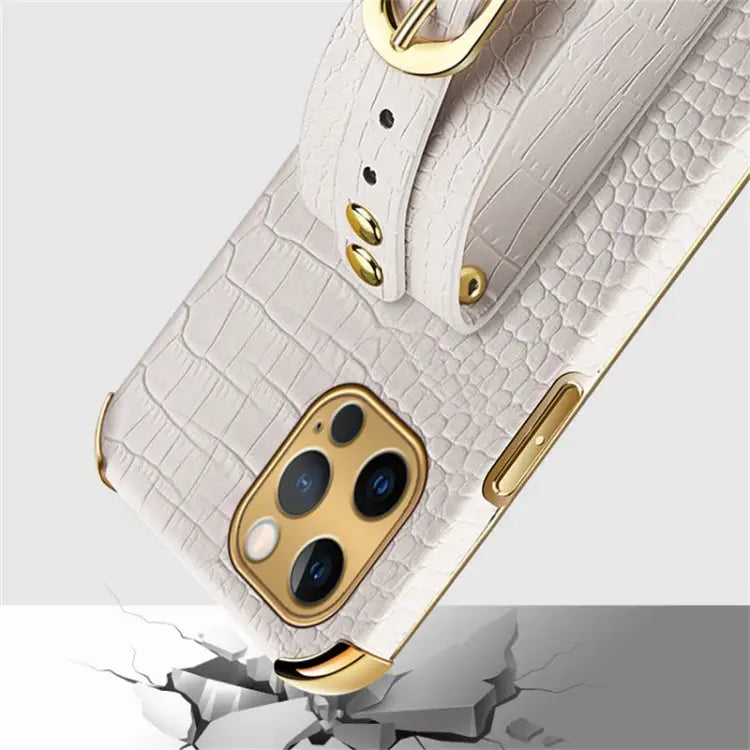 Electroplated TPU Crocodile Pattern Leather Case with Wrist Strap For iPhone 12 Pro Max - Apple Accessories