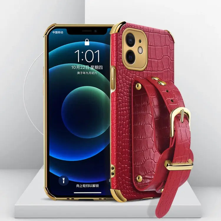 Electroplated TPU Crocodile Pattern Leather Case with Wrist Strap For iPhone 11 Pro Max For iPhone 12 mini For iPhone