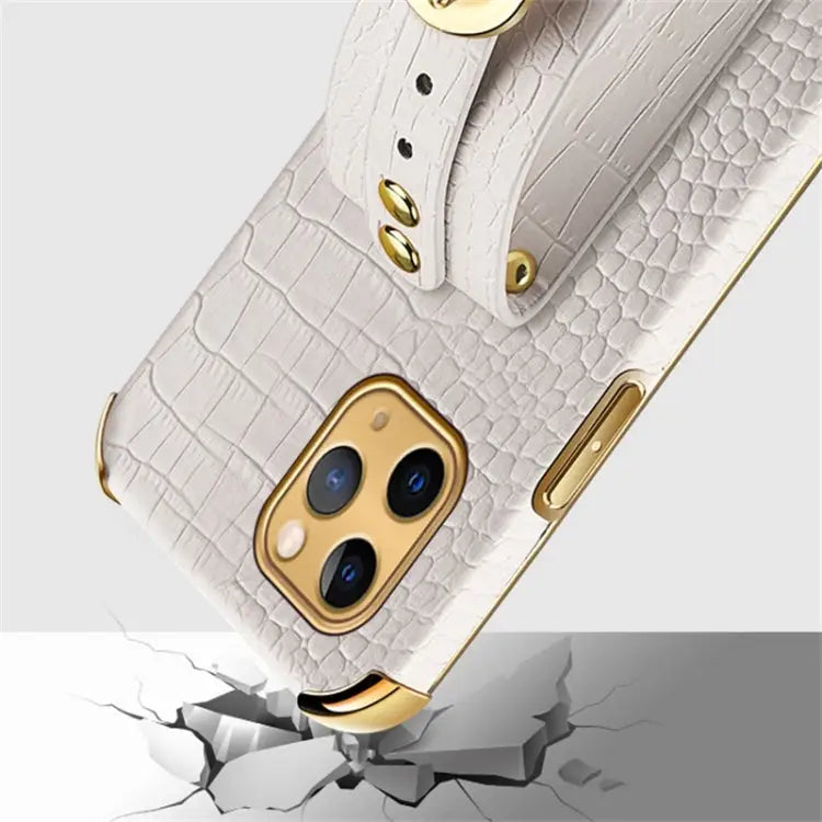 Electroplated TPU Crocodile Pattern Leather Case with Wrist Strap For iPhone 11 Pro Max For iPhone 12 mini For iPhone