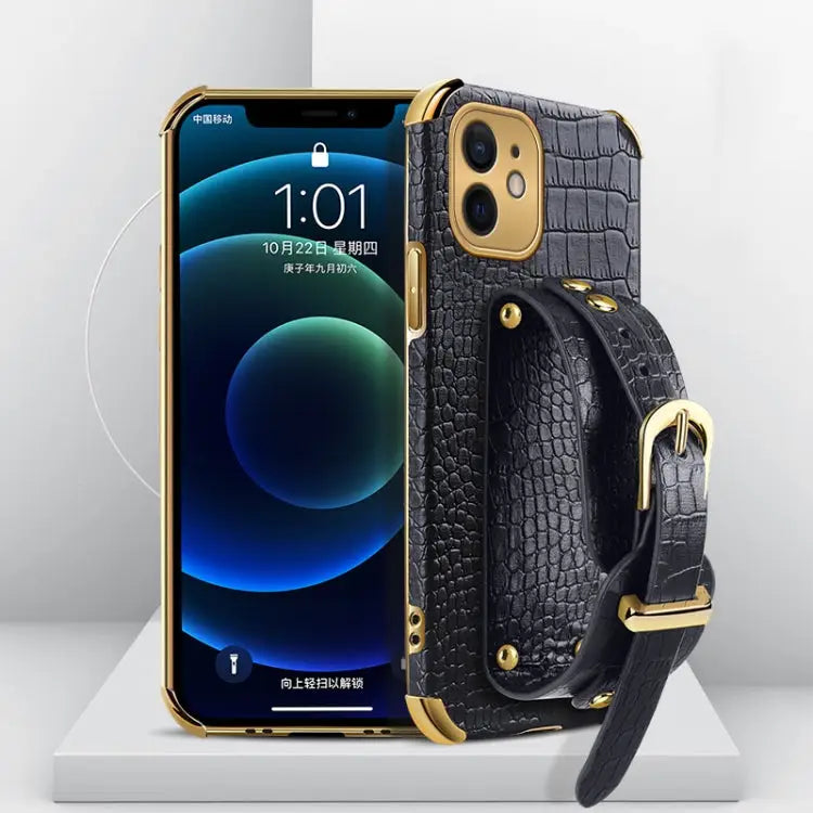 Electroplated TPU Crocodile Pattern Leather Case with Wrist Strap For iPhone 11 Pro Max For iPhone 12 mini For iPhone