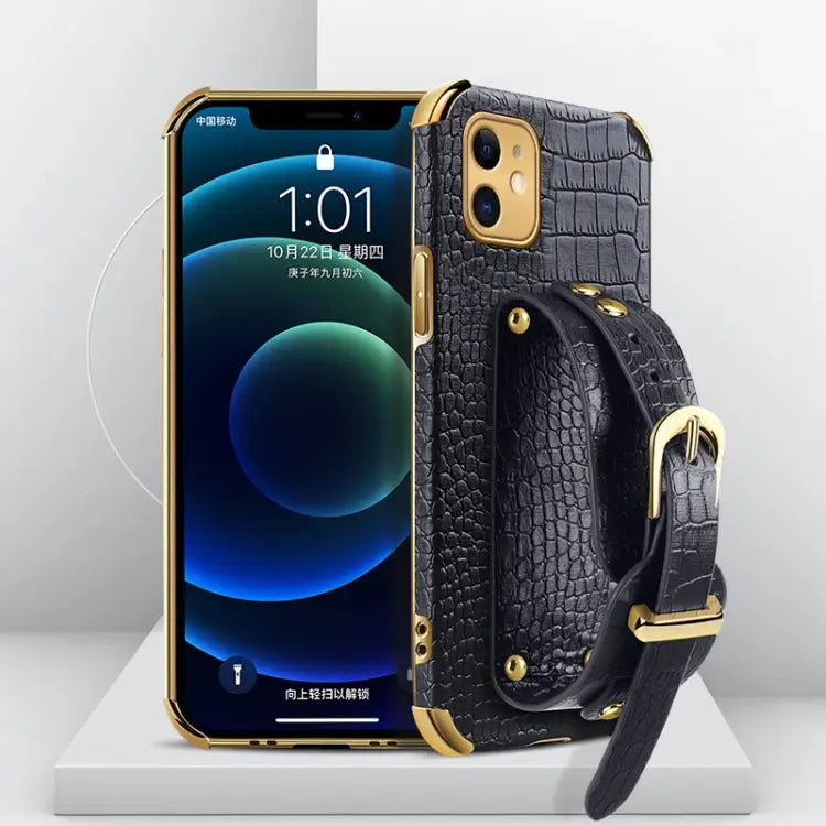 Electroplated TPU Crocodile Pattern Leather Case with Wrist Strap For iPhone XR For iPhone XS Max For iPhone 11