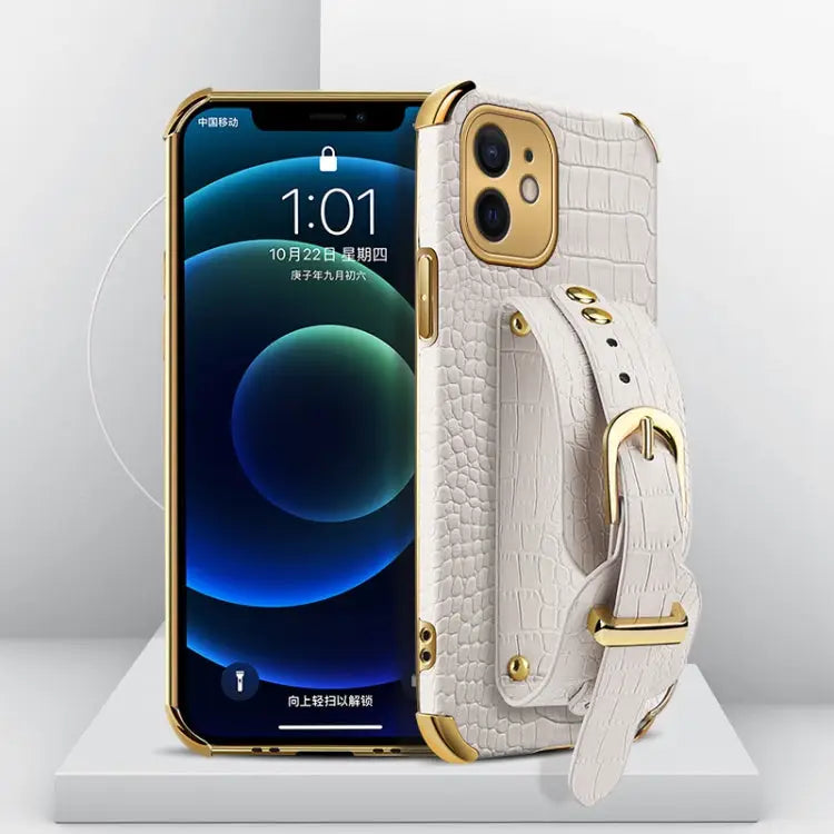 Electroplated TPU Crocodile Pattern Leather Case with Wrist Strap For iPhone 11 Pro Max For iPhone 12 mini For iPhone