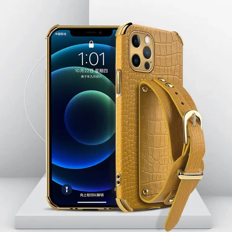 Electroplated TPU Crocodile Pattern Leather Case with Wrist Strap For iPhone 12 Pro Max - For iPhone 12 Pro Max