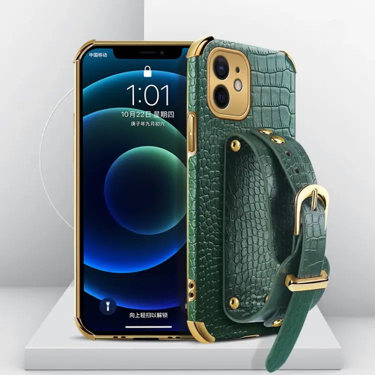 Electroplated TPU Crocodile Pattern Leather Case with Wrist Strap For iPhone 11 Pro Max For iPhone 12 mini For iPhone