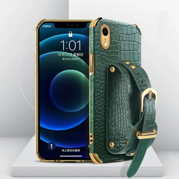 Electroplated TPU Crocodile Pattern Leather Case with Wrist Strap For iPhone XR For iPhone XS Max For iPhone 11