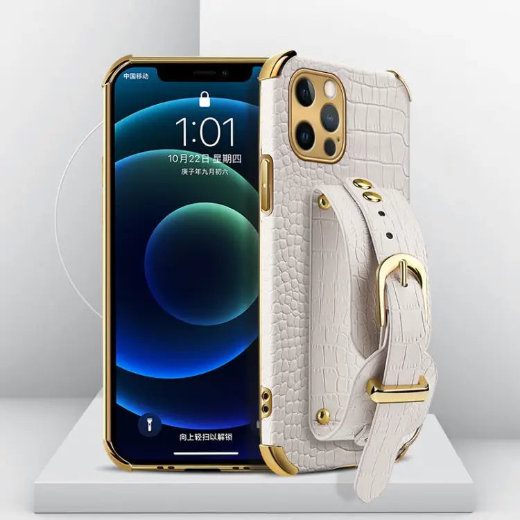Electroplated TPU Crocodile Pattern Leather Case with Wrist Strap For iPhone 12 Pro Max - For iPhone 12 Pro Max / White